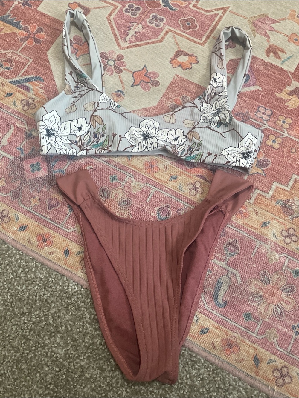 Floral Print Bikini Top with Ribbed Rust Bikini Bottom